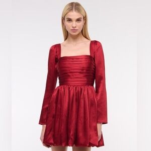 New! Abercrombie and Fitch Emerson Drop-Waist Satin Dress Bubble Hem Red Sz SP
